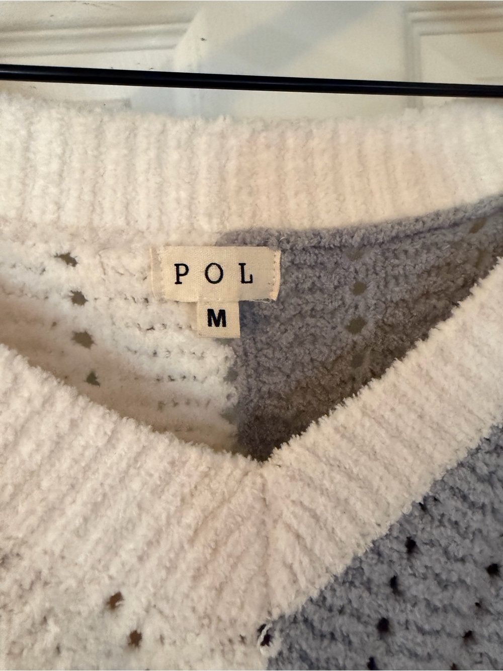 POL V-Neck Striped Crochet Oversized Sweater in Dusty Rose, Cream & Light Blue - Picture 4 of 8